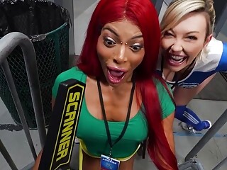 Lola Morena and Adira Allure suck cock and get fucked some security they are